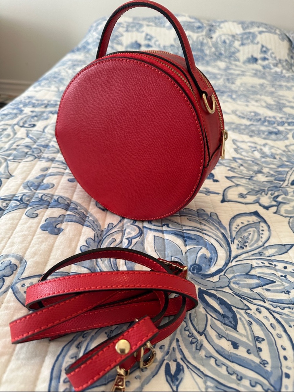 Red Round Leather Crossbody Bag - Top Handle